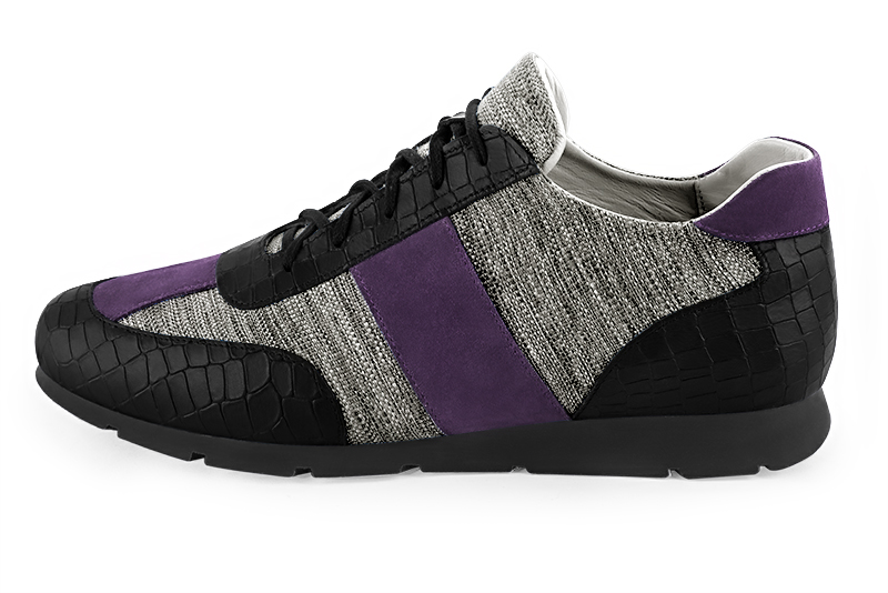 Satin black, ash grey and amethyst purple three-tone dress sneakers for men. Round toe. Flat rubber soles. Profile view - Florence KOOIJMAN